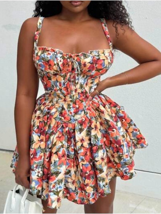 SHEIN Dresses & Skirts - SHEIN Red & Cream Floral Sleeveless Mini Dress with Sweetheart Bodice Sz L